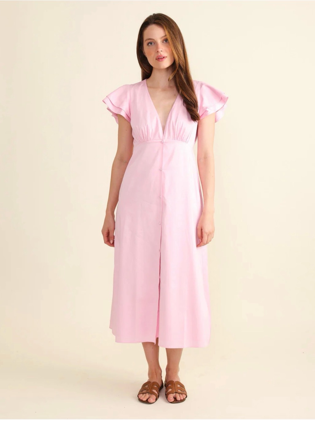 Sâedge Frances Dress - Soft Pink V-Neck Midi Dress With Flutter Sleeves